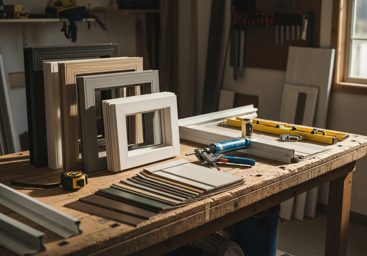 Exterior remodeling tools and materials staged on a work surface, showcasing window frames, siding samples, and installation equipment.