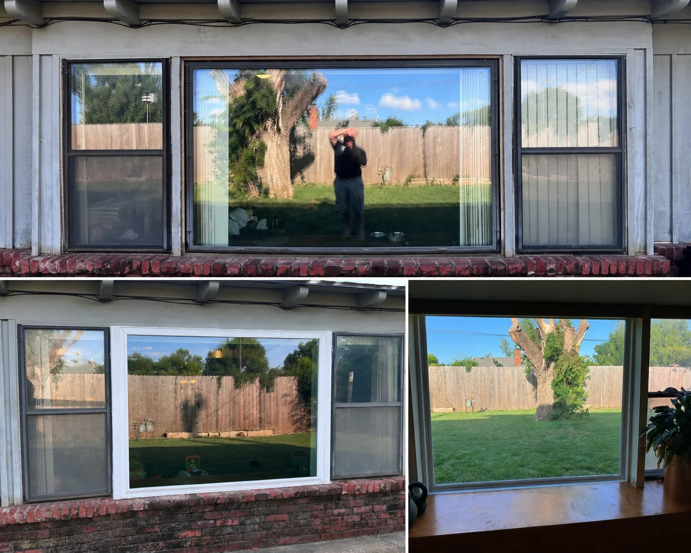 Three dark-framed multi-panel windows with vertical blinds installed on brick and stucco exterior