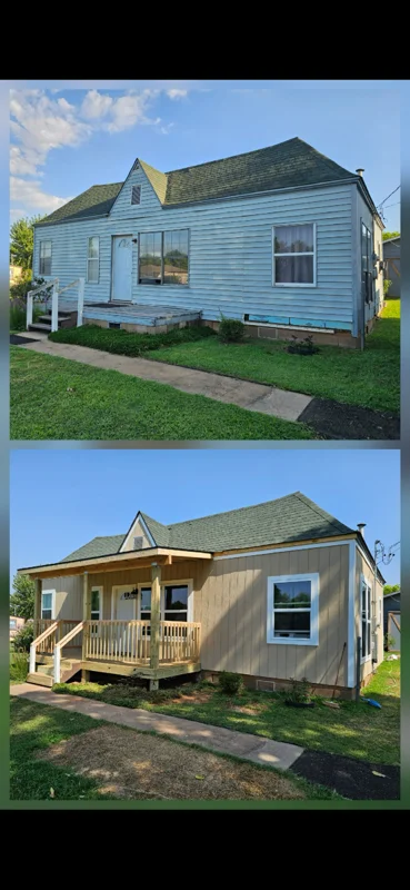 Before and after siding replacement: blue vinyl to tan fiber cement with new windows and front porch