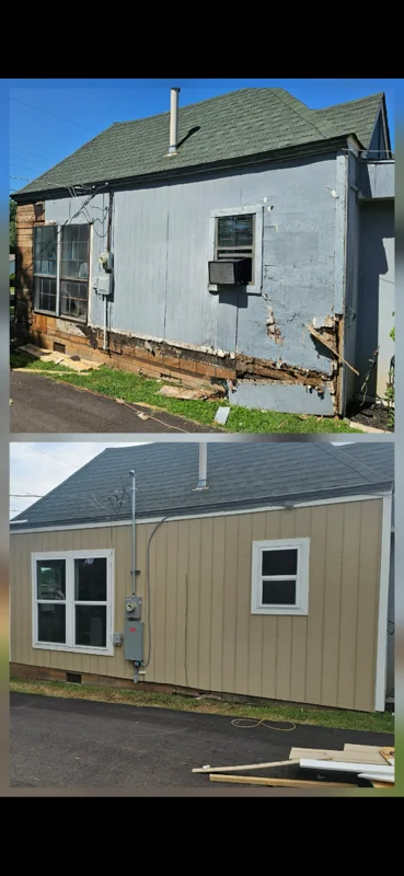 Before and after siding replacement with new metal cladding, windows, and roof installation