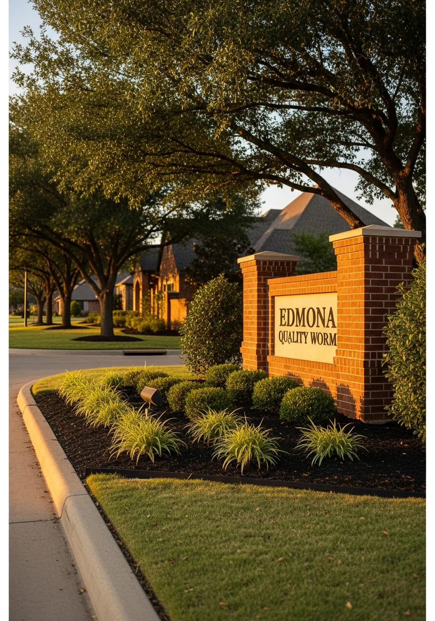 Entrance to an Edmond residential neighborhood showing a brick gateway sign and well-maintained landscaping.