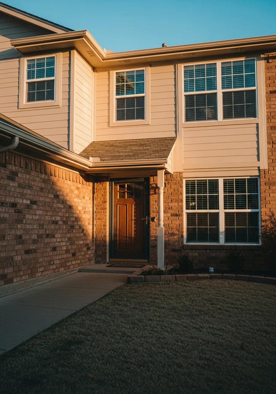 Close-up of a Midwest City residential property showing the home's exterior, entrance, and front yard details.