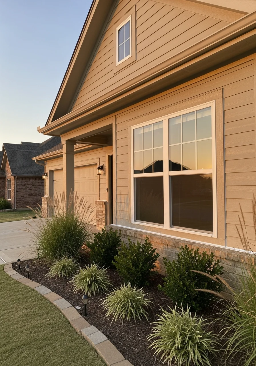 Portrait-style view of a Moore home's exterior showing the front facade, entrance, and landscaping details.