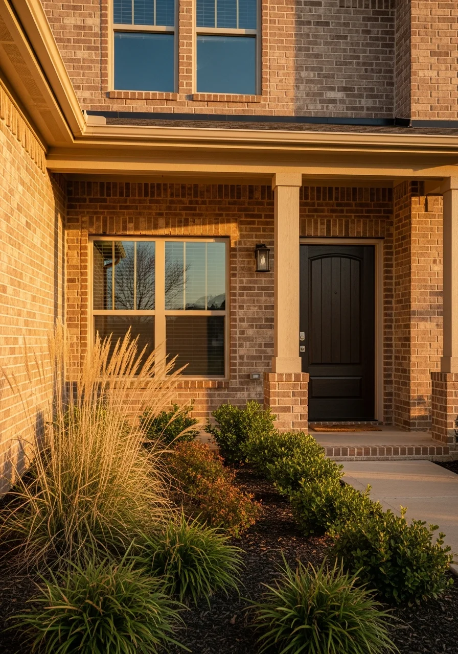 Close-up of a Norman home's front entrance with a porch, landscaping, and architectural details typical of the area.