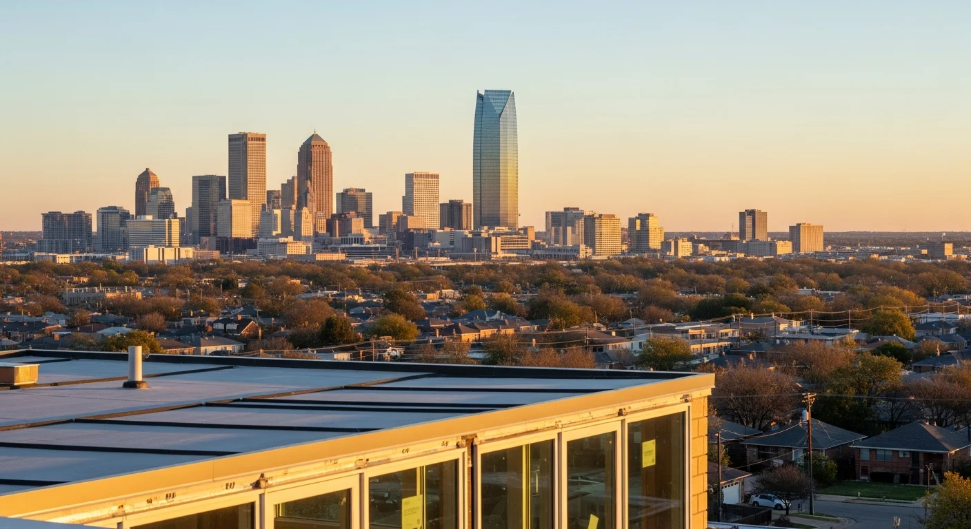 Wide view of Oklahoma City skyline at dusk with downtown buildings and suburban neighborhoods visible in the distance.