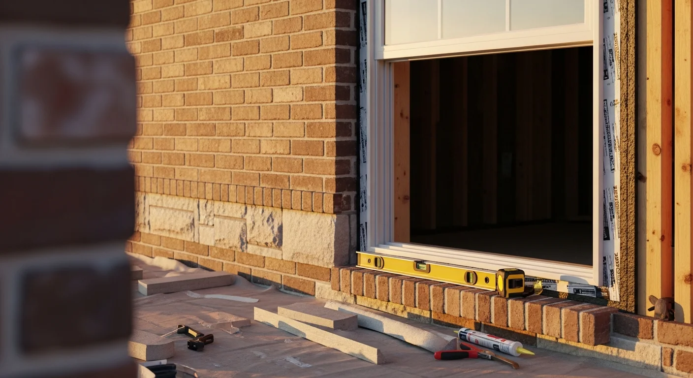 A freshly installed custom window on the exterior of an Oklahoma City home, showing tight frame sealing and clean trim lines against brick siding. The window opening is precisely fitted with no visible gaps between the frame and the surrounding exterior wall.