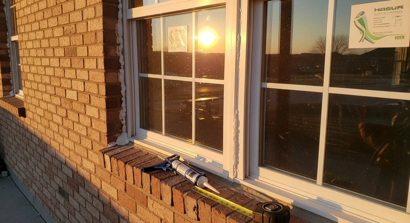 A freshly installed energy-efficient window on an Oklahoma City home exterior, showing a clean frame seal and multi-pane glass against a residential brick facade. The installation reflects professional fit and finish suited to OKC's climate demands.