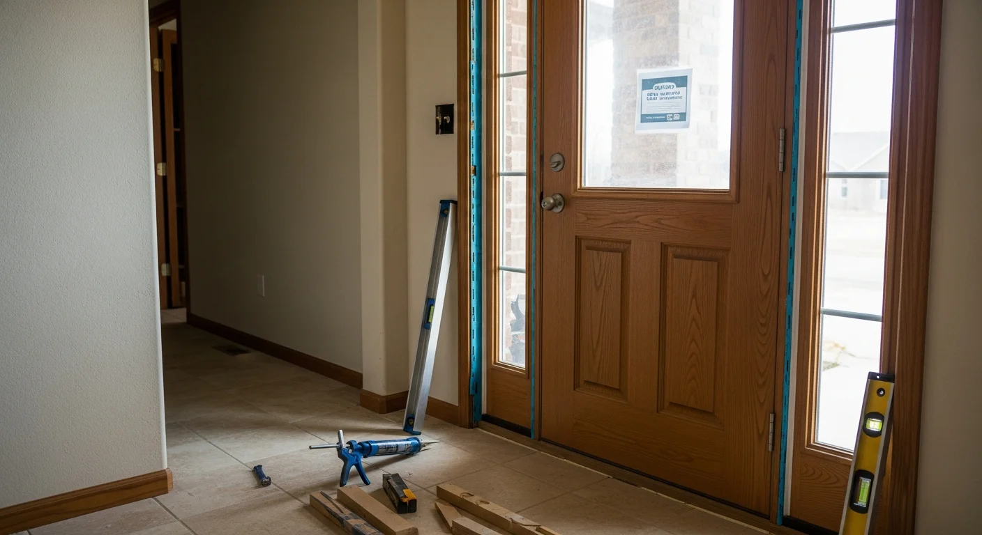 A newly installed entry door on an Oklahoma City home, showing a clean frame, tight weatherseal, and finished exterior trim. The door is viewed straight-on from the front of the house, with the surrounding brick exterior visible.