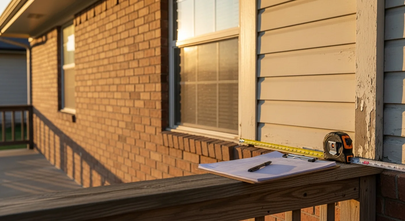 An Apex Exteriors consultant reviewing the exterior siding and trim of a residential home in Oklahoma City, Oklahoma. The image shows a close assessment of weather-worn exterior surfaces on a single-family property.