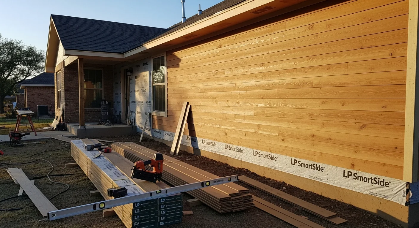 A finished LP SmartSide siding installation on a single-family home in Oklahoma City, showing clean horizontal panel alignment and a wood-grain texture exterior. The completed facade reflects a full replacement project by Apex Exteriors with consistent coursing and sealed trim details.