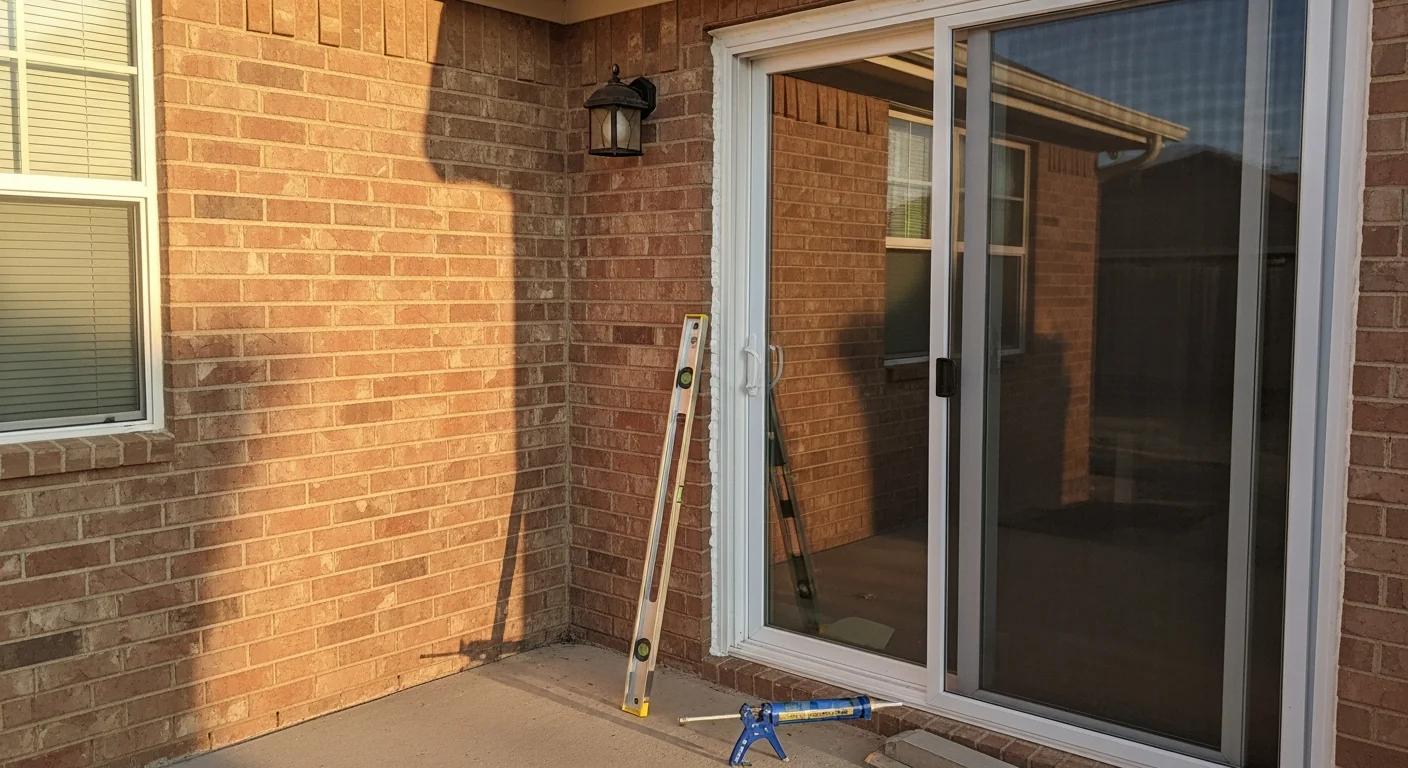 A newly installed sliding patio door on the back of an Oklahoma City home, showing a clean aluminum frame, clear glass panels, and a tight seal against the exterior wall. The door opens to a concrete backyard patio under a bright Oklahoma sky.