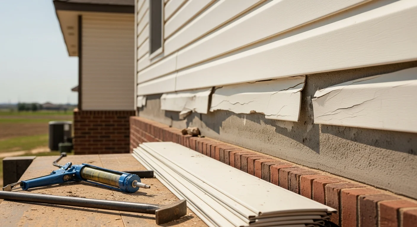 A repaired section of residential siding on an Oklahoma City home, showing new panels matched to the existing exterior after hail and storm damage. Close view of the finished wall surface with no visible cracks, gaps, or warping.