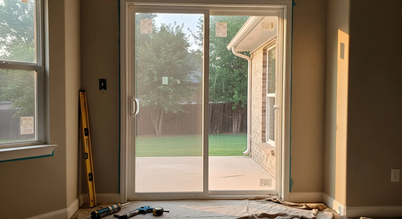 A newly installed sliding glass door on the back of an Oklahoma City home, showing a clean aluminum frame, clear insulated glass panels, and a smooth track at the threshold. The door opens to a backyard patio with the door fully closed and flush against the frame.