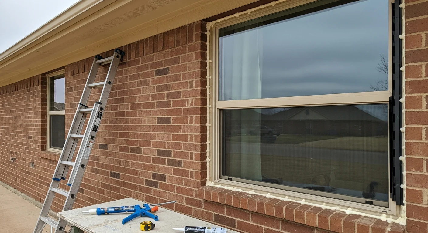 A newly installed storm window on the exterior of a single-story Oklahoma City home, showing a secure aluminum frame fitted flush against the existing window trim. Close-up view highlights the sealed edges and clean fit against the painted wood siding.