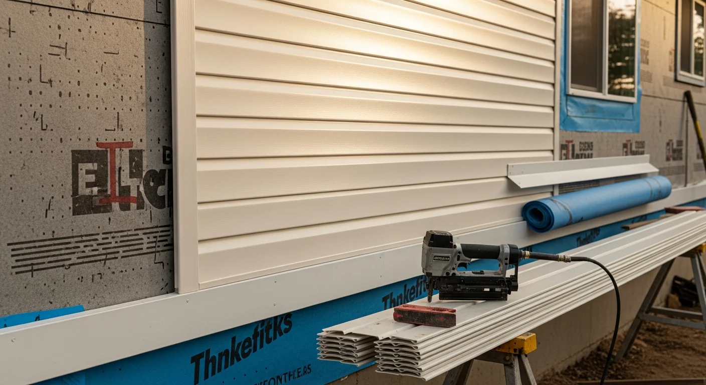 Newly installed vinyl siding on a single-story residential home in Oklahoma City, showing clean horizontal panel lines and trim work around windows. The exterior reflects a finished installation ready for the region's heat, hail, and seasonal storm conditions.