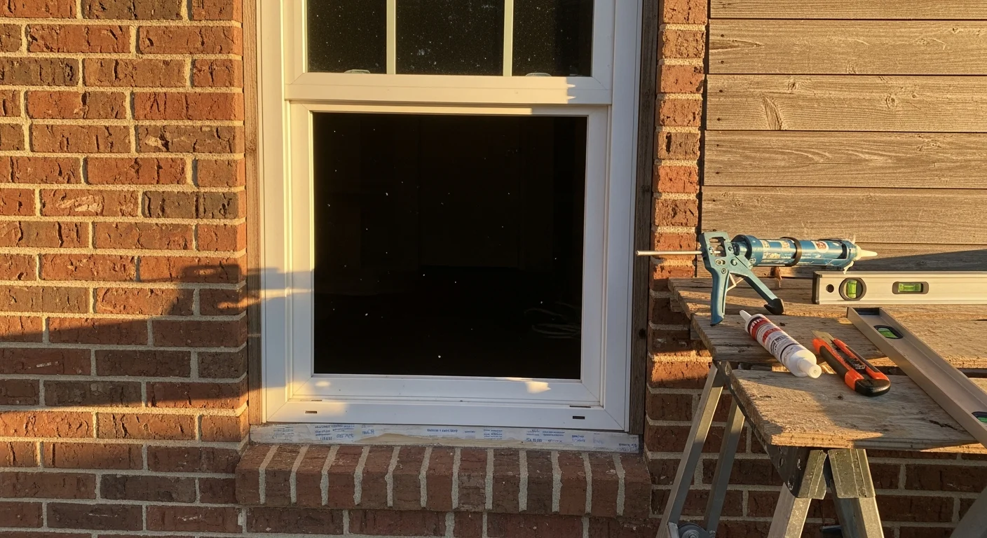 A newly installed vinyl replacement window on an Oklahoma City residential home, showing a clean white frame, multi-pane glass, and tight exterior trim seal. The surrounding brick exterior reflects a typical Oklahoma City ranch-style property.