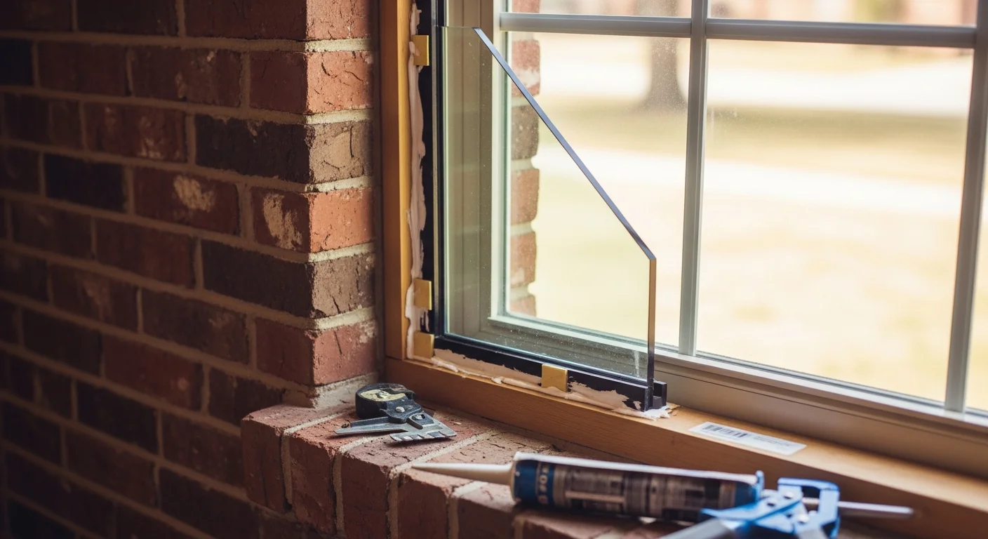 A technician from Apex Exteriors installing a new glass pane into a residential window frame on an Oklahoma City home. The finished window shows clear, unfogged glass with a tight seal against the exterior frame.